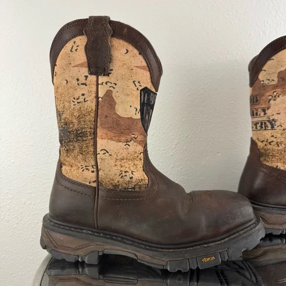 !SOLD! CODY JAMES Brown Leather Camo Flag Vibram Decimator Comp Toe Work Boots - Picture 4 of 13